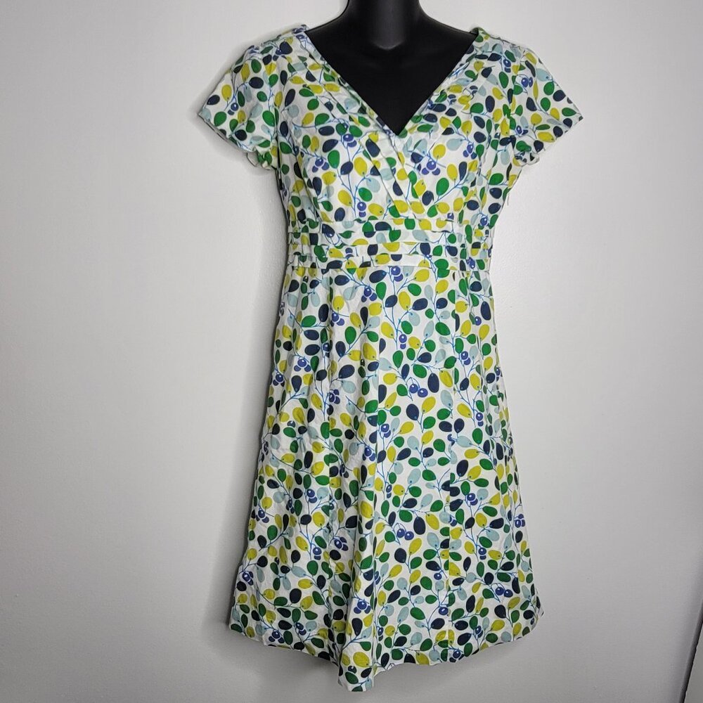 Boden Womens Dress 4P Petites Green Reggata Olive Branch Fruit V-Neck Cotton